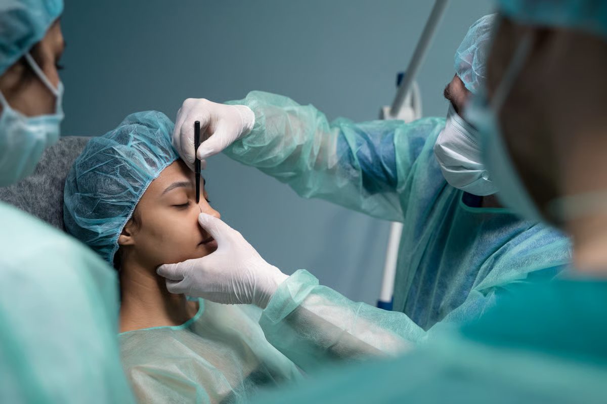 Surgeon marking a patient's face before facial surgery